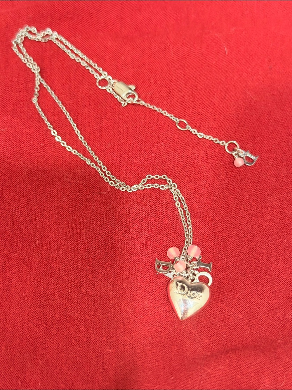 Dior Silver Heart Pendant Necklace with Pink Bead Charms
